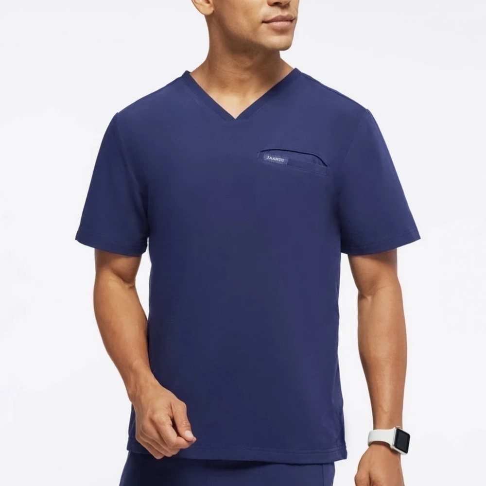 Jaanuu Men’s 4-Pocket V-Neck Scrub Top in Navy Blue Size 2XL